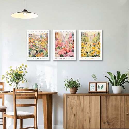 XLARTMY Flower Market Wall Art Print Canvas Framed Yellow Pink Floral Paintings Colorful Botanical Sunflower Artwork Travel Poster for Decor Picture 3 pieces for Living Room Bedroom Bathroom 12x16in - color: Flower Market-2, size: 12x16in Canvas