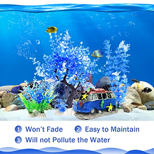 4PCS Fish Tank Aquarium Decorations Plastic Plants with Resin Cave Rock for Fish Hideout (Blue Set) - color: Blue & Green