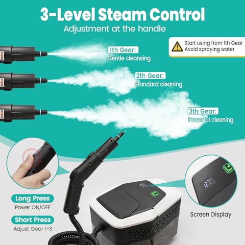 Portable Handheld Steam Cleaner, 4Bar High Pressure Steamer, 15s Fast Heat Up, 3Level Adjustable Handle, 1800ml Large Tank, 20 Accessories for Home, Car Detailing, Grout, Tile, Carpet Cleaning
