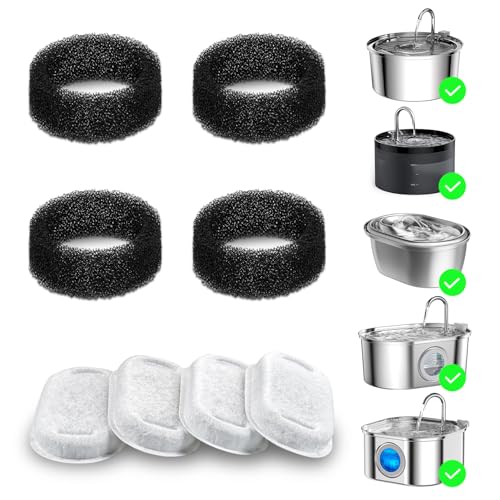 Wonder Creature 8 Pack Cat Water Fountain Filter Replacement, 4+4/8+8/12+12/16+16 Pack for Stainless Steel Cat Water Fountain 2L/67oz and 3.2L/108oz, 4 Carbon Filters & 4 Pre-Filter Sponges