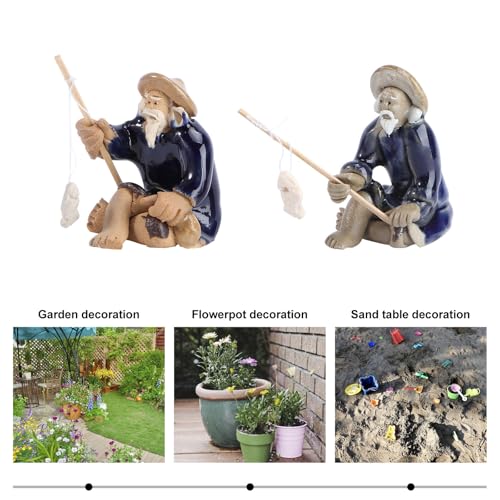 MERRYHAPY 2Pcs Fishing Bonsai Ceramic Fisherman Ornaments Aquarium Decorative Figurines Blue-Clothed Miniature Models for Freshwater Tank Landscaping Fish Tank Accessories