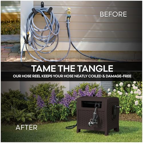 Suncast Hose Reel with Smart Trak Hose Guide, Water-Tight Connection, Durable Resin Construction, 225' Hose Capacity, Brown, Made in the USA