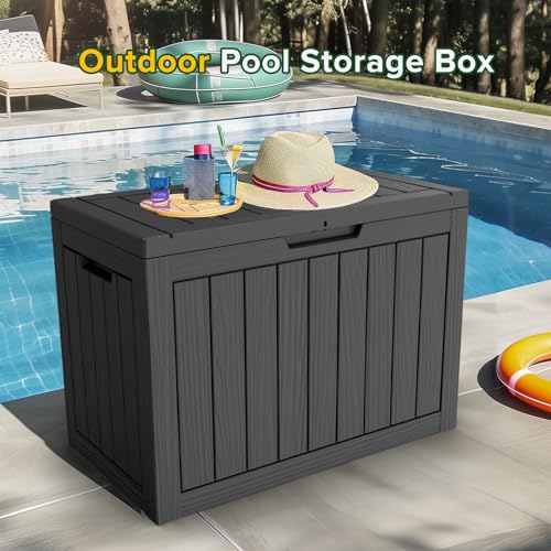 PatioZen 45 Gallon Resin Deck Box, Lockable Patio Outdoor Storage Box for Furniture, Garden Tools and Tools Storage, Waterproof Outside Storage Boxes - Black - color: Black, size: 45 Gallon