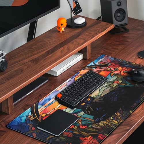 Mechanical Cattle Black Cat Desk Mat Vintage Sunset XXL Large Mouse Pad Laptop Desk Mousepad with Stitched Edges, Keyboard Pad Mouse Mat for Work Game Office Desk Accessories 31.5x15.7 in - color: Aesthetic Black Cat
