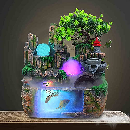 DNYSYSJ Tabletop Waterfall Fountain with Rockery, Mini Silent Indoor Ornament Desk Water Fountain Desktop Simulation Resin with Atomizer LED Small Fish Tank for Office Bedroom Home Decor Windmill