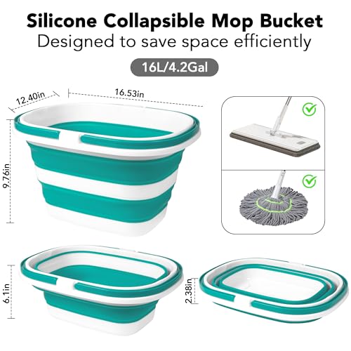 Large Collapsible Mop Bucket, 16L(4.2 Gallon) Plastic Bucket for House Cleaning, Car Washing, Silicone Cleaning Supplier Organizer, Portable Basket with Handle for Laundry Storage, RV Camping, Fishing - color: Mint
