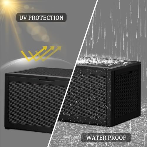 TARKARI 100 Gallon Outdoor Storage Box Waterproof, Resin Deck Boxes with Lockable Lid & UV-Resistant for Patio, Pool Accessories, Garden & Furniture Cushions, Black - color: Black, size: 100 GAL