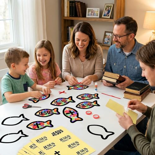 48PCS Sunday School VBS Crafts Bulk: Paper Jesus Fish Nativity Suncatchers, Religious Christian Activity DIY Kits Church Decorations, Window Stained Glass Effect Art Supplies - style: jesus fish