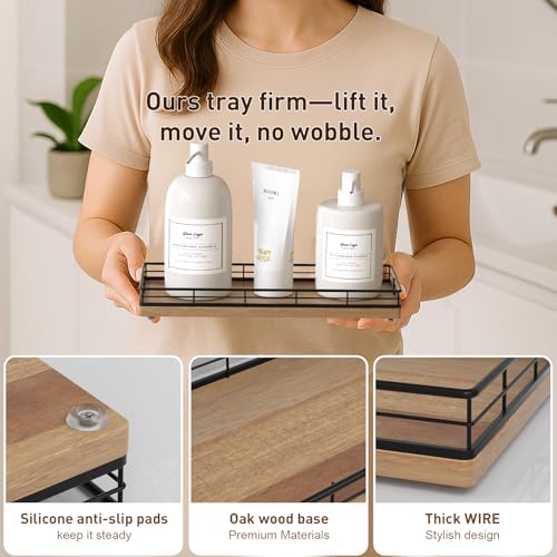 Bathroom Tray for Counter Top Organizer – Acacia Wood Vanity Tray with Metal Frame for Dresser, Kitchen, Nightstand – Black & Acacia Decorative Storage - color: Black & Acacia, size: 11" x 4.5" x 1.5"