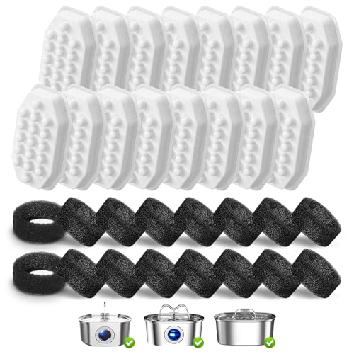 32 Pack Cat Water Fountain Replacement Filters & Pre-Filter Sponges, Includes 16 Filters & 16 Sponges for 108oz/3.2L Stainless Steel Pet Fountains – Compatible with Rellaty & Neareal