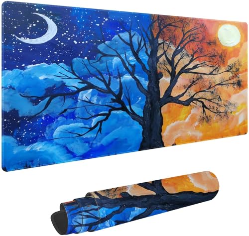 Hand Painted Landscape Trees Customized Large Extended Gaming Mouse Pad with Stitched Edges and Non-Slip Rubber Base,Suitable for Office and Home Use,31.5x15.7 Inches - color: Hand Painted Landscape Trees