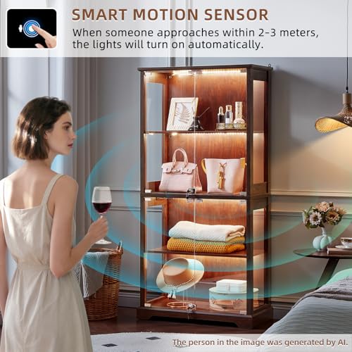 LELELINKY Farmhouse Glass Display Cabinet with Doors, Wooden Curio Cabinet for Collectibles with 3-Color LED Motion-Sensor Light & Reinforced Base, Walnut - color: Walnut, size: Single