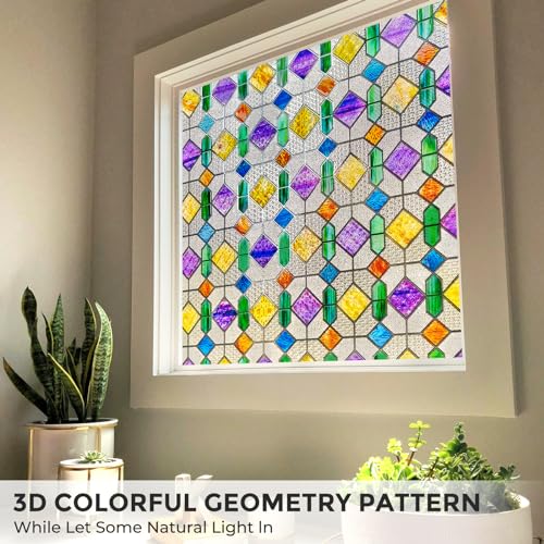 Coavas Stained Glass Window Privacy Film : Upgrade 3D Decorative Rainbow Window Clings Sun UV Blocking Bathroom Frosted Decals