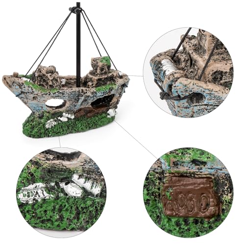 Aquarium Shipwreck Decoration Set Resin Fish Tank Ornaments Accessories for Undersea Aquarium Landscape Decor, Wreck Ship Ornament x 1pc, Aquatic Plants x 2 pcs
