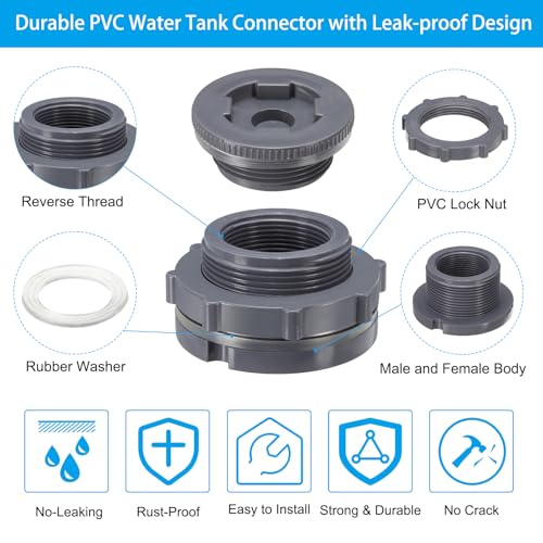 PATIKIL PVC Bulkhead Fitting with Plug NPT1-1/2", Bulkhead Water Tank Connector with Silicone Seal Gasket Garden Hose Fitting with Plug for Rain Bucket, Sinks, Aquariums, Gray