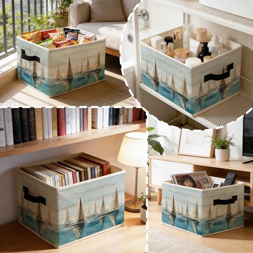 Sailboat Nautical Storage Bins Box with Handles, Coastal Beach Abstract Ocean Landscape Foldable Basket Toybox for Beach House Bedroom Bathroom Home Clothes Toys Books - color: color-7
