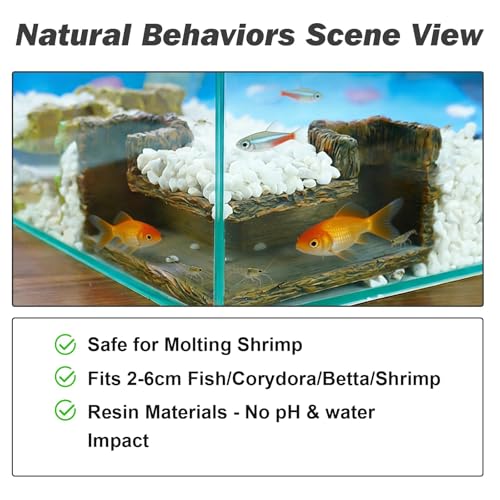 90° Corner Aquarium Cave, 5.12x5.12x 2.7in Viewing Fish Tank Cave for Corners, Natural Resin Wood Like BPA Free Tunnel Decorations, Fish Hideout for Guppy, Neon Tetra, Corydoras Catfish
