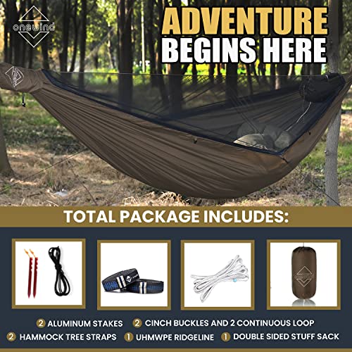 Onewind 11ft Camping Hammock with Mosquito Net and Adjustable Ridgeline, Lightweight Portable Double Hammock with Tree Straps and Bug Net, Ideal for Camping, Hiking, Backpacking, Coyote Brown - color: Brown, size: 11' x 64"