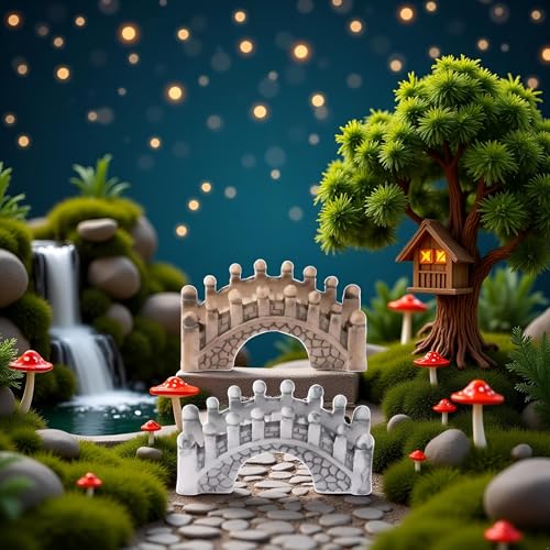 2 Pack Gray and Brown Miniature Stone Arch Bridges, Fairy Garden Ornaments for Dollhouse, Aquarium and DIY Micro Landscape Decor, Garden Bridges