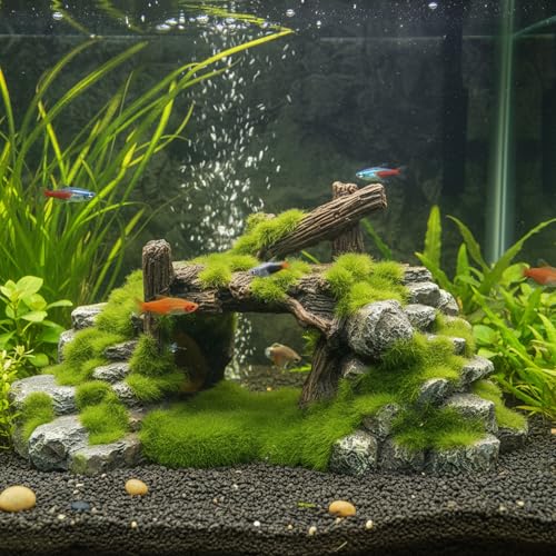 Small Aquarium Decor, Natural Mossy Bridge & Stone Hideout for Fish and Shrimp, Aquarium Decorations to Enhance Tank Landscape Hides Decorations