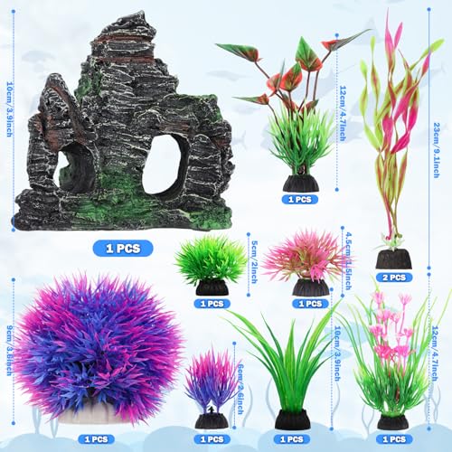 QUOZUO 10pcs Aquarium Artificial Plastic Plants Decorations and Rock Cave Decor Set, Fish Tank Accessories Small Large Fish Bowl Ornaments Set - color: Purple