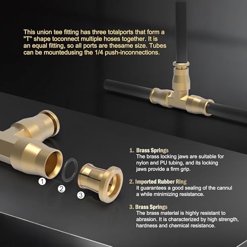 RETRUE 21838 Air Line Fittings Union Tee 1/4" T-Fitting Pneumatic Air Suspension Fittings, Brass