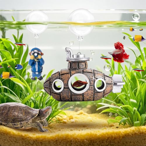 New Upgrade Floating Fish Tank Decoration, Cute Retro Submarine Set and Floating Diver,Three Float Balls, Aquarium Decorations Resinous Betta Fish Tank Accessories - color: Brown