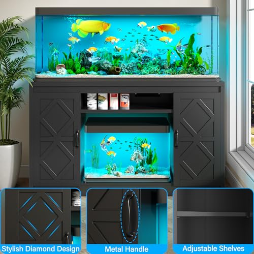 kepptory 55-90 Gallon Fish Tank Stand with Diamond Doors & Power Outlet, Heavy Duty Aquarium Stand with Cabinet Storage for Fish Tank, Turtle Tank Reptile Terrarium, 900LBS Capacity(Black) - color: Black, size: 53.5"L x 19.7"W x 31.6"H
