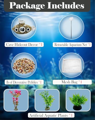 Aquarium Decor Set for Small Desktop Tanks, Includes Submarine Hide Cave, Artificial Plants, Stones & Fish Net, All-in-One Decorations Accessories for Betta, Shrimp & Cichlids