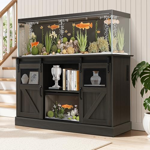 MAGIC UNION 55-75 Gallon Large Fish Tank Stand with Power Outlet, Heavy Duty Aquarium Stand with Sliding Barn Doors, Turtle Reptile Terrarium Stand with Cabinet for Accessories Storage, 1300LBS (Gray) - color: Gray