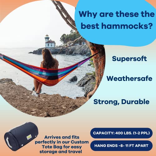 Handwoven Hammock by Yellow Leaf Hammocks - Double Size, Fits 1-2 PPL, 400lb max - Weathersafe, Super Strong, Easy to Hang, Ultra Soft, Artisan Made - Color: Tropical Multicolor - color: Kokomo- Tropical Multicolor, size: Fits 1-2 People (400 lb. Capacity