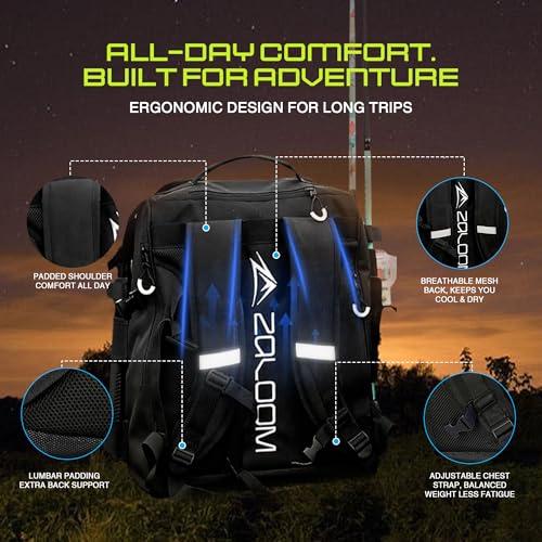 Waterproof Fishing Backpack with Tackle Boxes, Rod Holder & Foldable Net - 40L Fishing Tackle Bag with Trays Included, Extra Storage Gear and Equipment, Rain Cover, Fisherman Gift for Men - color: Medium (40 L) - Black