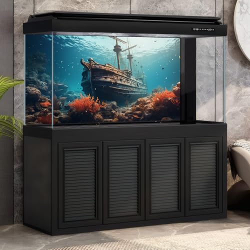 Underwater Seascape Aquarium Background Vibrant Undersea Reefs Corals Sunken Pirate Ship Fish Tank Background Under The Sea Rusty Debris Retro Ship Terrarium Backgrounds Ocean Tank Backgrounds 24x12in - color: Blue_Brown, size: 24(W)x12(H)in