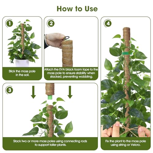 4 Pack 20 Inch Moss Poles, Stackable Moss Pole Monstera Plant Support, 66 Inch Tall Plant Stakes for Climbing Plants Indoor, Coir Plant Support Stick Stand for Potted Plants, Pothos, Philodendron