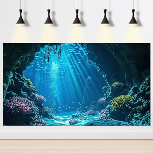 Under The Sea Aquarium Background Underwater Grotto with Soft Corals Reefs Fish Tank Background Blue Ocean Tropical Cave Sunlight Rays Deep Sea Fish Tank Backgrounds Aquarium Wallpaper 24x12in - color: Blue, size: 24(W)x12(H)inches/ 60(W)*30cm(H)