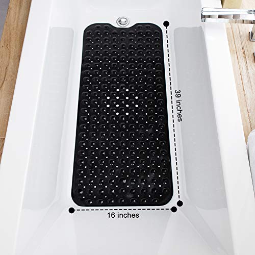 TEESHLY Bathtub Mats for Shower Tub, Extra Long Non-Slip 39 x 16 Inch Bath Mat with Drain Holes and Suction Cups, BathMat for Bathroom with Machine Washable (Opaque Black) - color: Opaque Black
