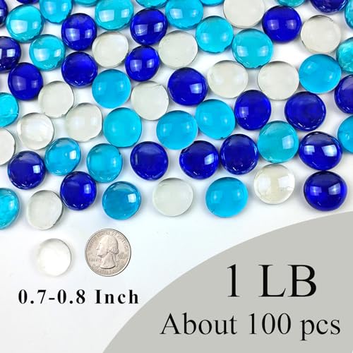 FANTIAN 1LB Flat Glass Marbles for Vase, 100 Pcs Mixed Blue Color Glass Pebbles. Glass Rocks for Vase Fillers Fish Tank Crafts Plant Pot Candle Bird Fountains and Wedding Decor - color: Mixed Blue, size: 1 Pound