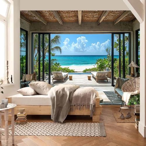 FENDROM Beach Decor Tapestry Ocean Sea Tropical Island Palm Tree Scenic View From Window Blue Sky,White Clouds Summer Tropical Scenery Wall Hanging Nature Tapestries For Bedroom Living Room Dorm - color: Beach, size: 79"L x 59"W
