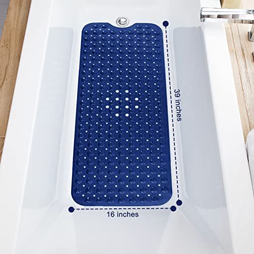 TEESHLY Bath Tub and Shower Mats, Non-Slip 39 x 16 Inch Extra Long Bathtub Mat, Machine Washable BathMat with Drain Holes, Suction Cups for Bathroom (Opaque Navy Blue) - color: Opaque Navy Blue