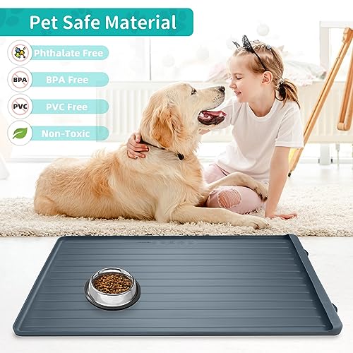 Dog Mat for Food and Water - 39.4" x 27" Large Pet Feeding Mats with Residue Collection Pocket - Waterproof Dog Cat Bowl Mat with High Edges to Prevent Water and Food Spills (Dark Grey) - color: Dark Grey