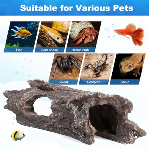 Fish Tank Decorations - Aquarium Cave Decor, Resin Hollow Tree Trunk Reptile Hide & Betta Log Hideout for 20 Gallon Tank, Fish Accessories Shelter Cave