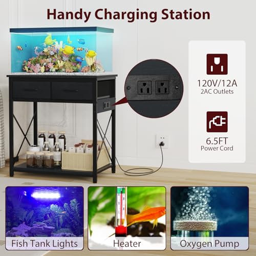 20-29-37 Gallon Fish Tank Stand with Power Outlet, Heavy Duty Metal Aquarium Stand with Two Storage Drawers for Fish Tank Accessories Storage, Perfect for Turtle Tank, Reptile Terrarium, Black - color: Black, size: 20-29-37 Gallon