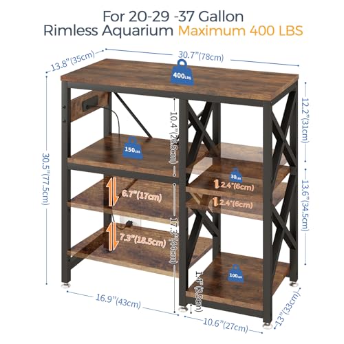 20-29-37 Gallon Fish Tank Stand with Power Outlet,Adjustable 3-Tier Aquarium Stand,400lbs Heavy Duty Terrarium Stand,Breeder Reptile Tank Stand Suitable for Home Office,30.7”×13.8”×30.5”,Rustic Brown - color: Rustic Brown, size: 20-29-37gallon