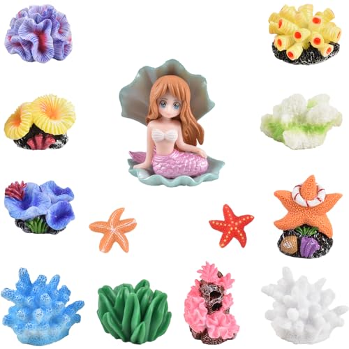 Micro Landscape Decor Coral 13PCS, Fake Coral Ornament Resin Mini Corals Starfish Shell Mermaid Miniature Corals Figurines for Aquarium Tank Decorations Miniature Moss Landscape DIY