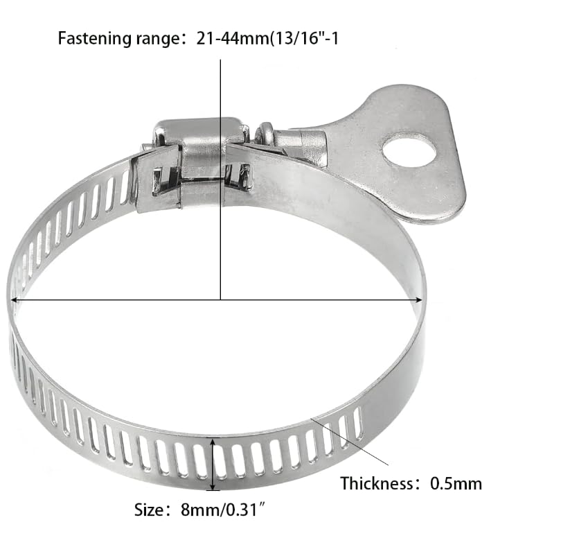 10-Pack 304 Stainless Steel Hose Clamps with Adjustable Thumb Screw, Key-Type Design, 8mm Bandwidth, Ideal for Plumbing, Automotive, and Machinery Applications (Size:21-44mm(13/16"-1 3/4") - size: Size:21-44mm(0.827"-1.73")