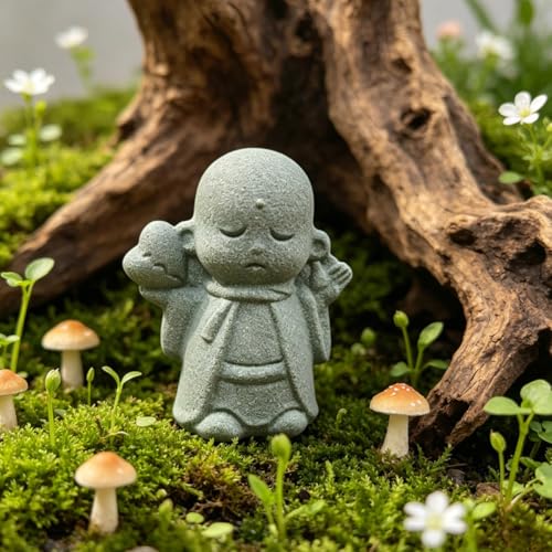 Praying Monk Statue Japanese Buddha Bosatsu Happy/Smiling Sandstone Ornament for Fish Tank Aquarium Bonsai Figures Feng Shui Decoration (A)