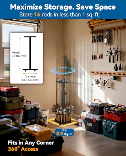 KEXMO Mobile Fishing Rod Holder Pole Rack for Garage, 360 Degree Lockable Wheels, Rigging Station, Heavy-Duty Steel Space-Saving Floor Stand, Holds 16 Combos, Fishing Gear Storage, Black - color: Black