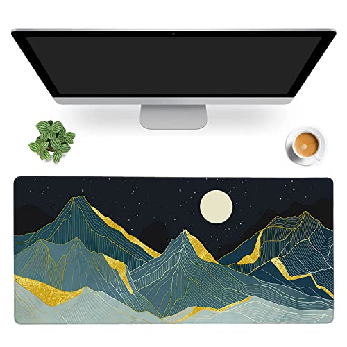 Golden Line Art Mountain at Night Large Mouse Pad Extended Gaming Mouse Pad Waterproof Desk Mat with Stitched Edge,Non Slip Base Keyboard Mouse pad for Home Office 35.4" X 15.7" - color: Golden Line Art Mountain at Night