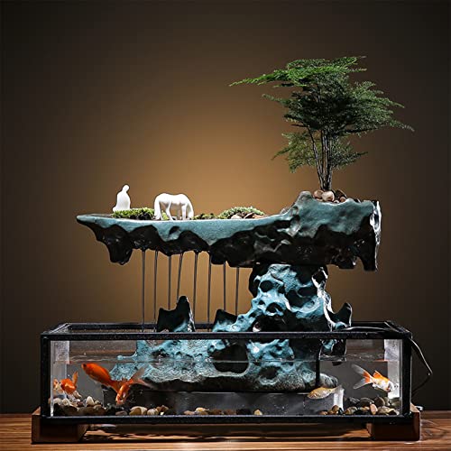 Tabletop Water Fountains Indoor Waterfall Fountain Desktop Water Ornament with Rockery, Aquariums and Stones for Office Home Decor, 16.9x8x8.1 in