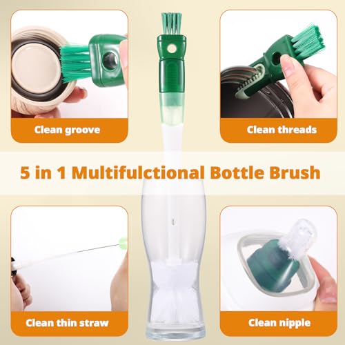 OUTXE 5 Pack Bottle Brush Set, 5-in-1 Water Bottle Cleaner Brush, 15"" Long Handle Bottle Cleaning Brush, 3 Straw Brush, Removable Nipple Brush, Detail Brush for Cup Lid Gap, WBBSBLB5 - color: Green, size: 5-in-1 Brush + Long Handle Brush
